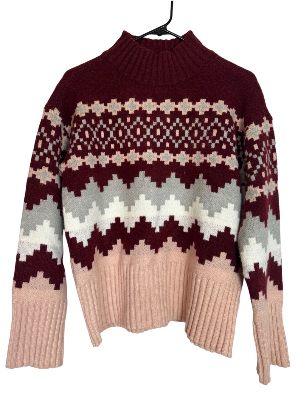 NWT Joesph A. Mock-neck Fair Isle Patterned Burgundy and Blush Small Sweater